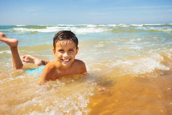 Happy Little Boy Lay Sea Water Waves Sand Beach Smile — Stock Photo, Image