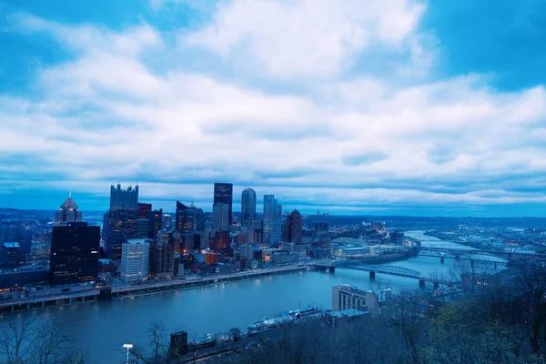 Nachtpanorama Von Brücken Pittsburgh Über Den Fluss Monongahela Pennsylvania Usa — Stockfoto