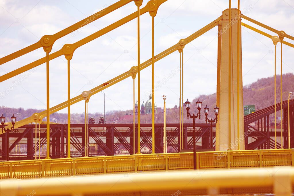Close image of Roberto Clemente Bridge pillars, Pittsburg, Pennsylvania, USA