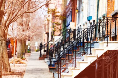 New York, ABD 'deki Lancaster caddesindeki tipik Albany evlerinin birçok renk merdiveni