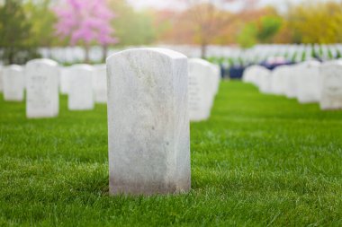 Askeri mezarlığın çimlerinde beyaz bir mezar taşı var.