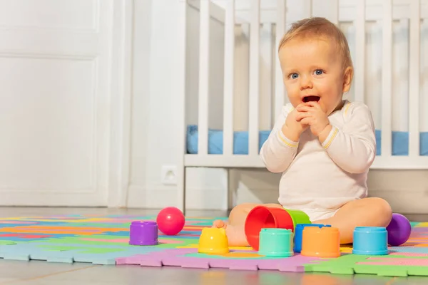 Beautiful Baby Boy Toddler Age Hands Face Sitting Front Crib — Stock Photo, Image