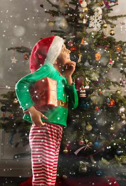 Happy Thoughtful Little Boy New Year Decorations Christmas Tree — Stock Photo, Image