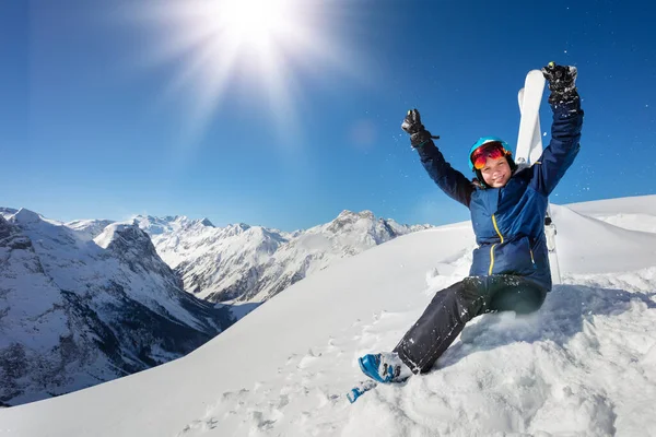 Portrait Mountains Girl Blue Helmet Ski Outfit Sky Sit Snow — Stock Photo, Image