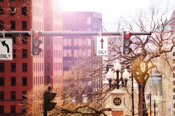 Verkeerslichten Straatnaamborden Albany Downtown Washington Avenue Verenigde Staten — Stockfoto