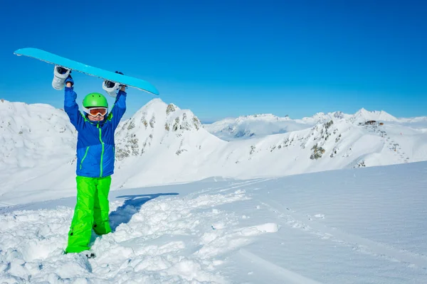 Cute Boy Stand Deep Snow Hold Snowboard Lifted Hands Wear — Φωτογραφία Αρχείου