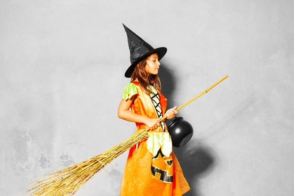 Portrait Girl Halloween Costume Stand Broom Bucket Wall — Stock Photo, Image