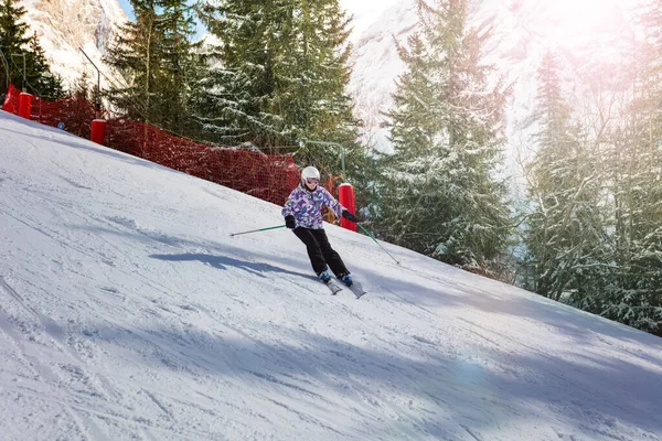 Girl Ski Fast Downhill Steep Hill Alpine Track Snow Covered — Stock Photo, Image