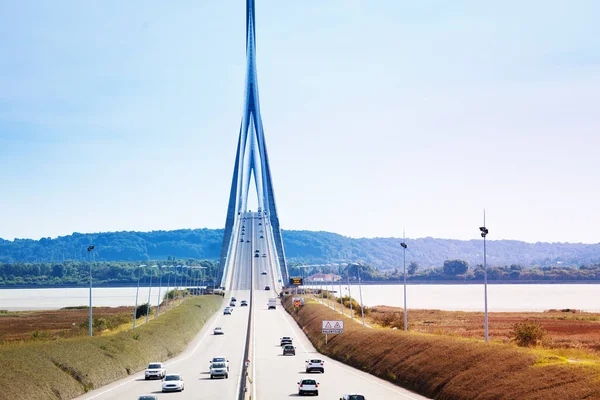 Vista Frontal Ponte Rodoviária Pont Normandie Sobre Delta Rio Sena — Fotografia de Stock