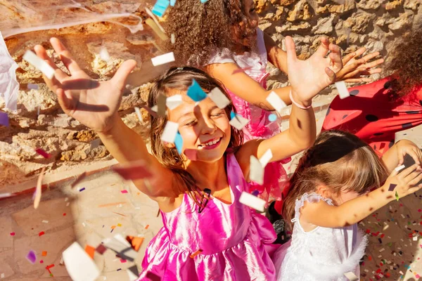 Close Top Portrait Kids Throw Confetti Wearing Halloween Costumes Standing — Stock Photo, Image