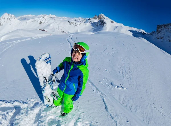 Wide Mountain Panorama Cute Little Smiling Boy Hold Snowboard Hand — Stock Photo, Image