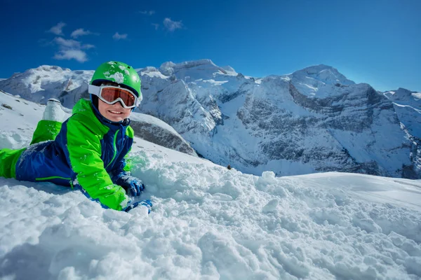 Kid Enjoying Winter Activities Snow Sunny Mountain Panorama Copy Space — Stock Photo, Image