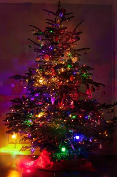 Geceleyin Farklı Renkte Işıklandırılmış Noel Ağacı — Stok fotoğraf