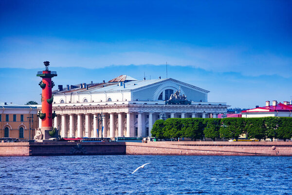 Rostralnaya Kolonna on Vasilyevsky Island Streka place over Neva river in Saint Petersburg, Russia
