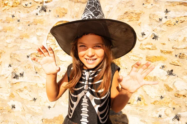 Portrait Halloween Skeleton Costume Girl Spooky Hand Gesture Smile Face — Stock Photo, Image