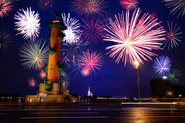 Rostralnaya Kolonna and Neva river from Birzhevoy Promenade torwards St. Isaac's Cathedral on celebration day