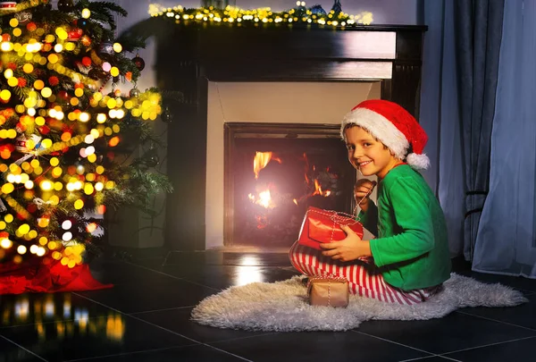 Boy Turning Head Back Sit Christmas Present New Year Costume Royalty Free Stock Images