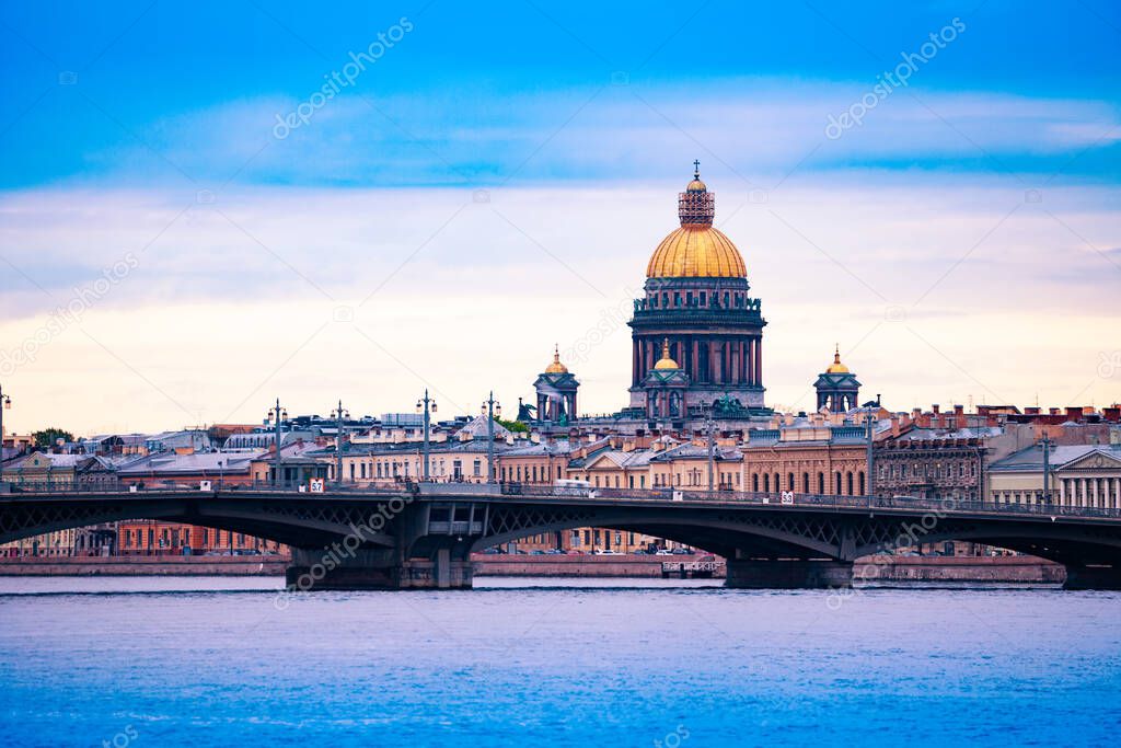 St. Isaac's Cathedral over Neva river Blagoveshchenskiy Bridge, Saint Petersburg, Russia