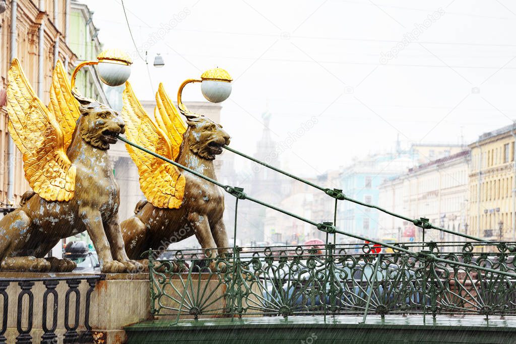 Two Griffins on Bank bridge crossing the Griboedov Canal near the former Banking Assignation in Saint Petersburg, Russia