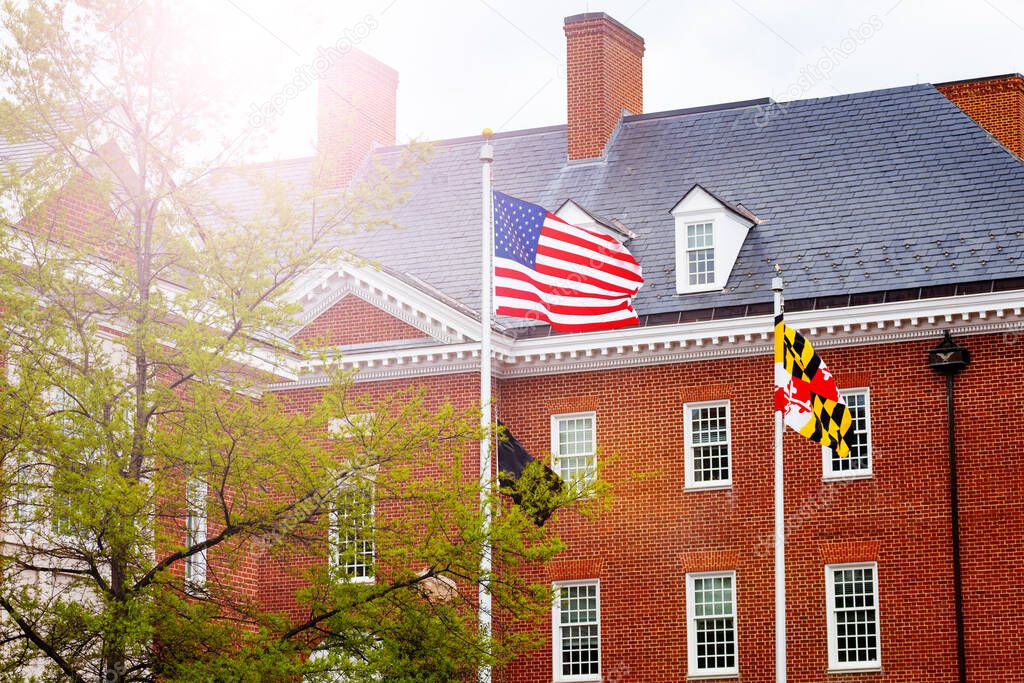 US flag in front of government building in Annapolis, Maryland, USA