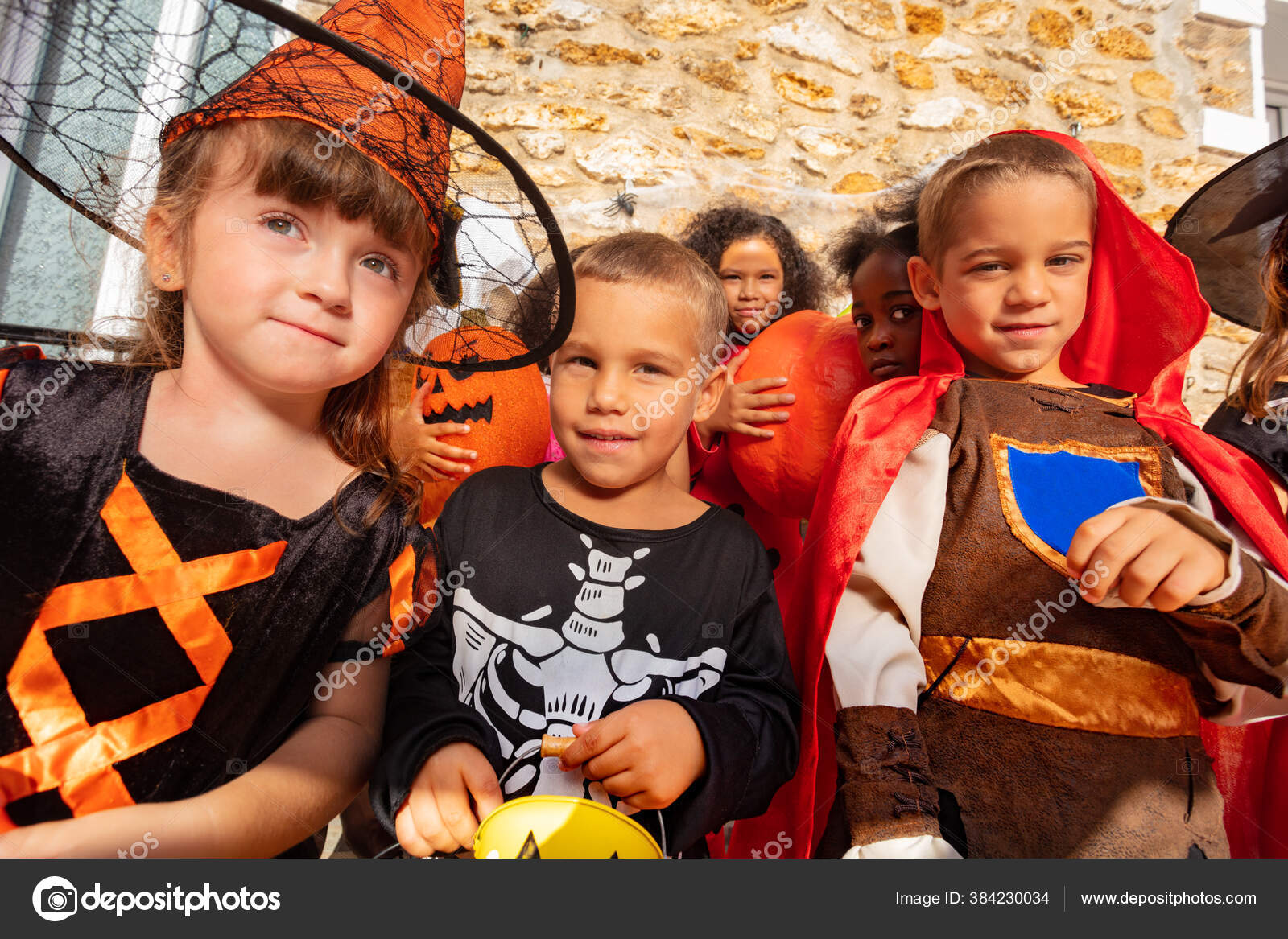 Portrait Boy Group Halloween Costume Dressed Kids Standing Together