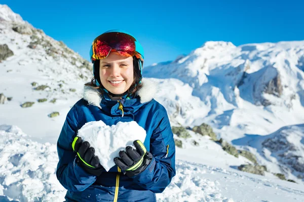 Happy Teenage Girl Winter Outfit Ski Googles Mask Hold Snow — Stock Photo, Image