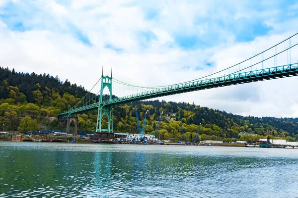 Willamette Vista Río Johns Bridge Portland Construcción Suspensión Acero Oregon — Foto de Stock