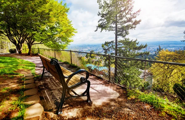 Bench Het Prachtige Portland Park Uitzicht Willamette Rivier — Stockfoto