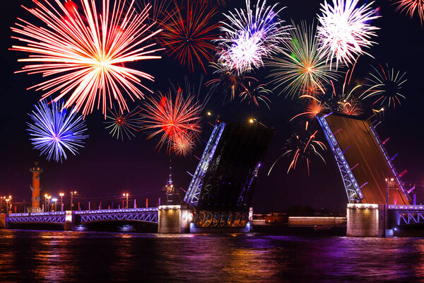 Palace Bridge or Dvortsoviy Most bascule construction and Rostralnaya column in Saint Petersburg downtown, Russia