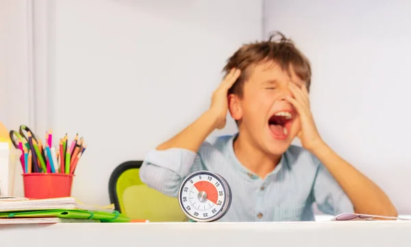 Sad Crying Autistic Boy Sitting Development Therapy Desk Lesson Timer — Stock Photo, Image