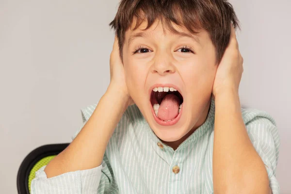 Sad Screaming Autistic Boy Portrait Close Ears Hands Sensory Integration — Stock Photo, Image