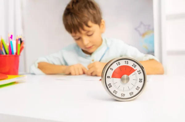 Timer Little Boy Development Therapy Lesson Draw Paper Background — Stock Photo, Image