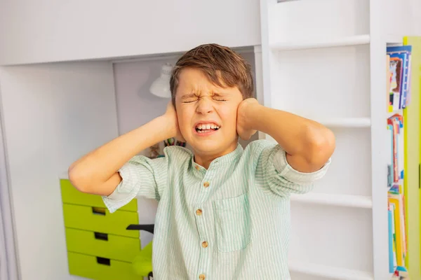 Close Portrait Little Autistic Boy Strong Negative Face Expression Closing — Stock Photo, Image