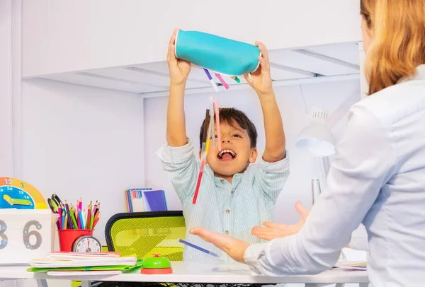 Boy Autism Spectrum Disorder Throw Pens Pencils Negative Expression Behavior — Stock Photo, Image