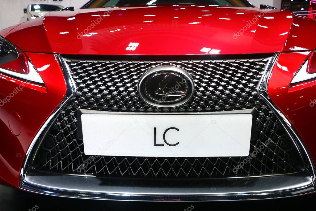 KUALA LUMPUR, MALAYSIA - December 1,2018 : Front view of red Lexus LC 500 car with futuristic design and aerodynamics displayed during Kuala Lumpur International Motor Show (KLIMS).
