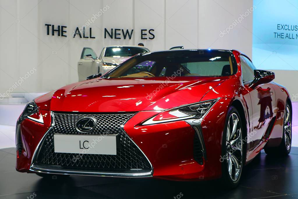 KUALA LUMPUR, MALAYSIA - December 1,2018 : Front view of red Lexus LC 500 car with futuristic design and aerodynamics displayed during Kuala Lumpur International Motor Show (KLIMS).