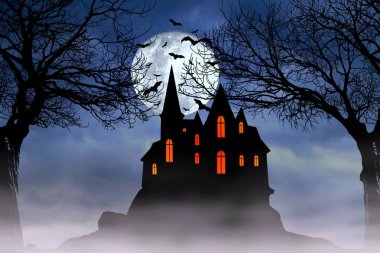Perili ev, korkunç ölü ağaçlar ve yarasalar ile Halloween dolunay gece arka plan.