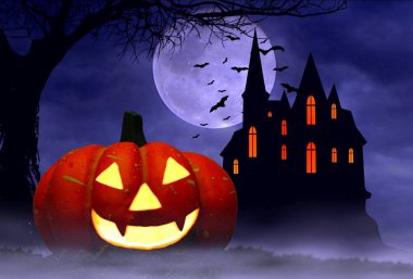 Cadılar Bayramı Balkabağı dolunay arka plan altında perili ev, korkunç ölü ağaçlar ve yarasalar.