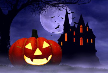 Cadılar Bayramı Balkabağı dolunay arka plan altında perili ev, korkunç ölü ağaçlar ve yarasalar.