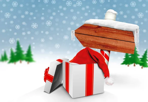 圣诞节背景与标志岗位和礼物箱子在雪之下 — 图库照片