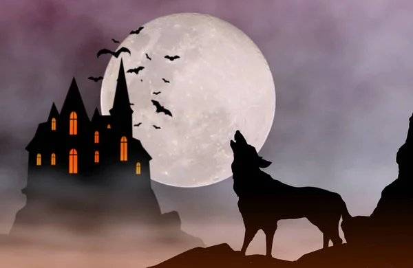 Halloween full moon night background with haunted house, howling wolf, and bats.