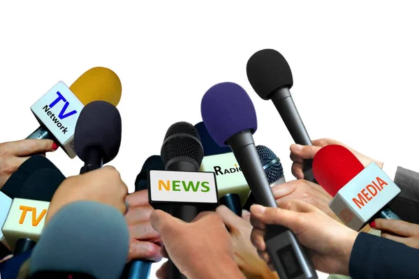 Press Conferance Microphones White Background — Stock Photo, Image
