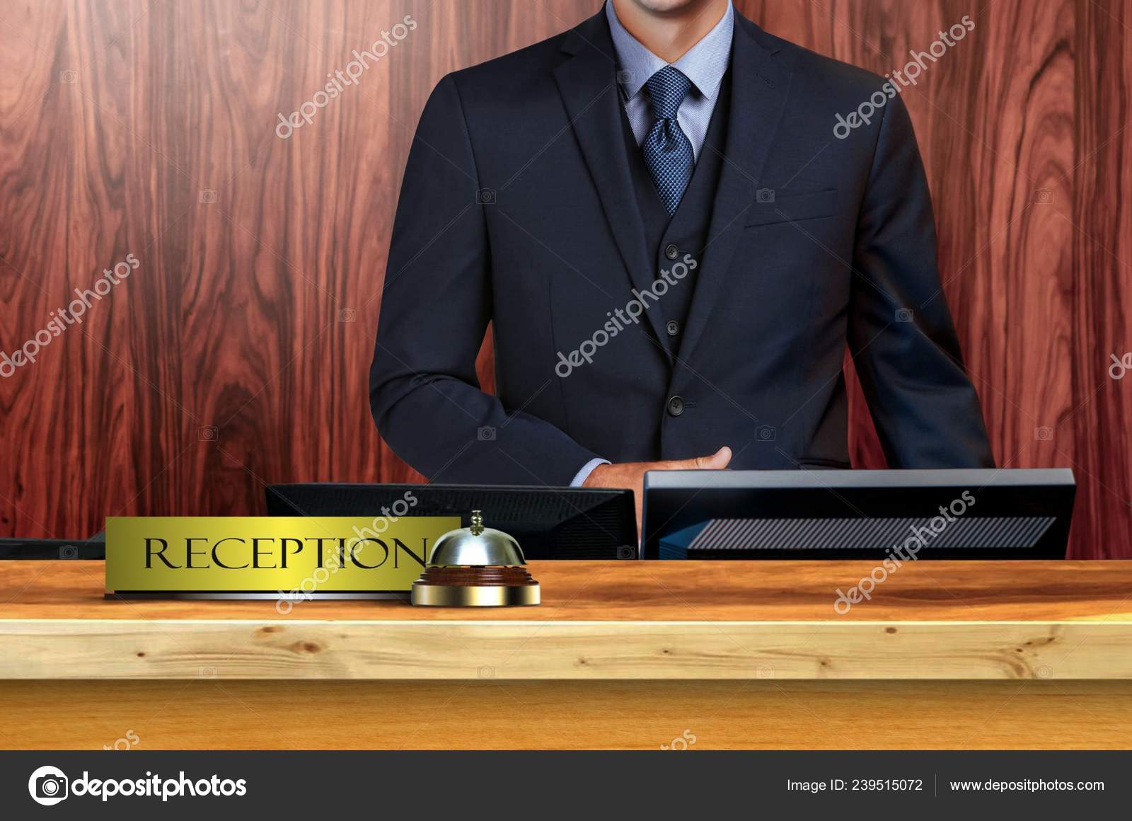 Male Receptionist Reception Front Desk Waiting Serve Hotel Guest