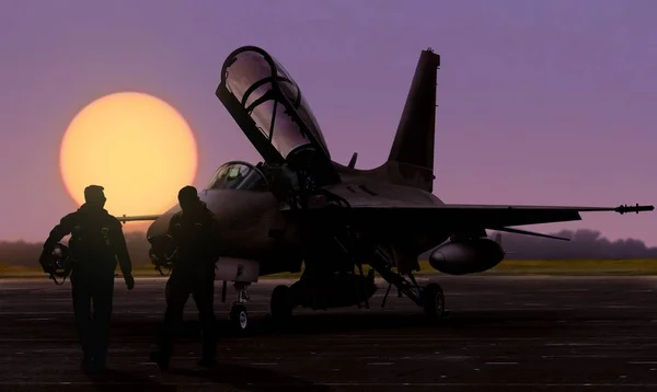 Luchtmacht Straaljager Piloten Silhouet Bij Schemering Zonsondergang Militaire Basis Vliegveld — Stockfoto