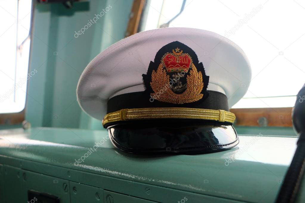 Pelabuhan Klang,  Malaysia - April 13,2019: Malaysian Royal Navy office's hat in KD Jebat command bridge during 85th Malaysian Royal Navy open day in Pelabuhan Klang, Selangor.