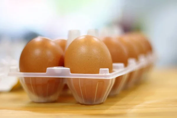 Chicken Eggs Wooden Kitchen Table — Stock Photo, Image