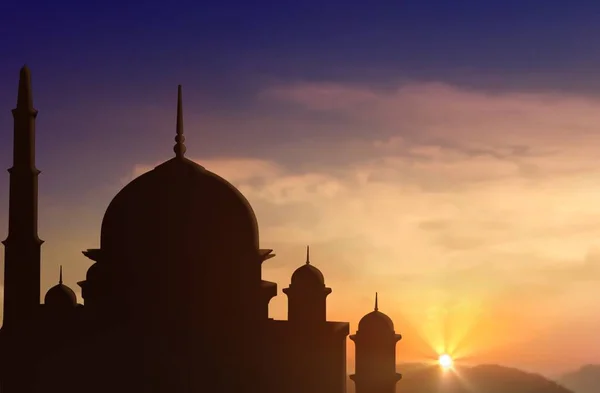 Silhueta Mesquita Durante Pôr Sol Sob Céu Nublado — Fotografia de Stock