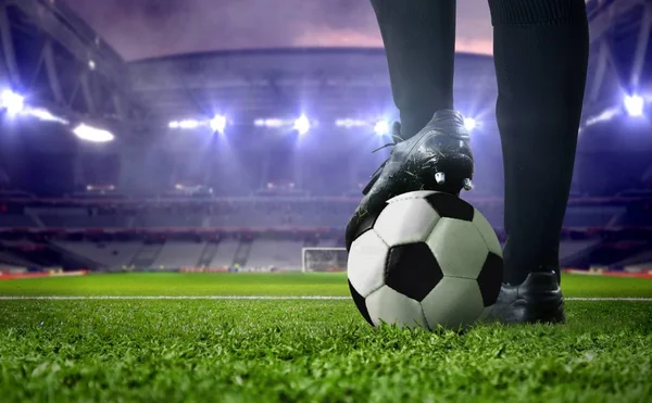 Soccer Player Foot Close Stadium Football Match Bright Spotlights — Stock Photo, Image
