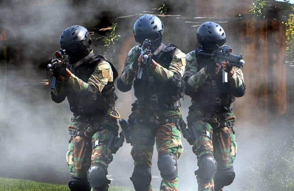 Spezialeinsatzkommando Bei Einem Einsatz Mit Rauchschleier Hintergrund — Stockfoto