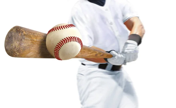 Beyzbol Oyuncusu Beyaz Zemin Üzerinde Sopayla Topa Vuruyor — Stok fotoğraf